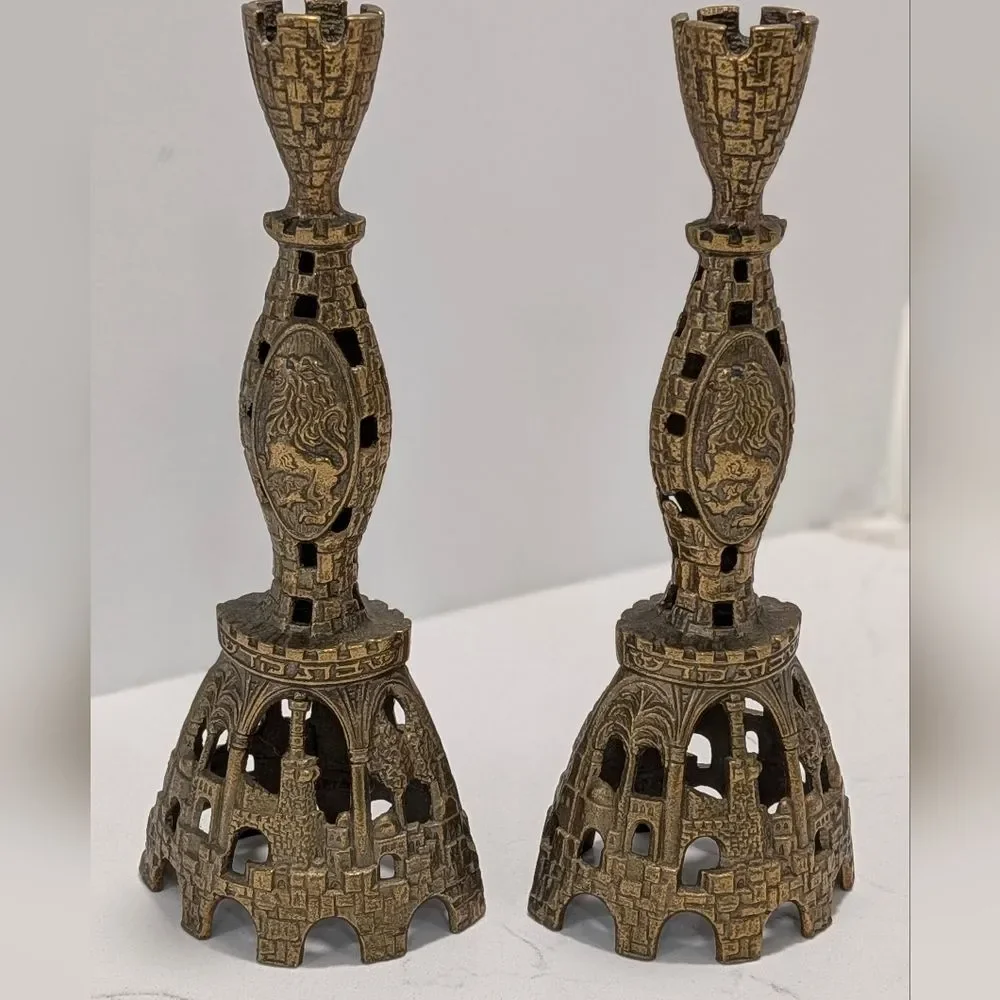 Vintage TAMAR Israel Judaica Castle Shabbat Candlesticks Pair Menorah Jerusalem